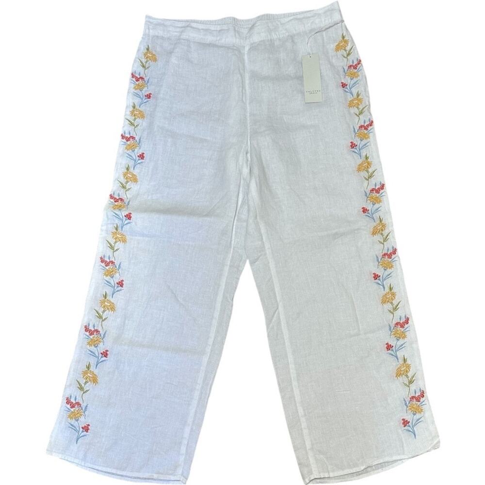 CALYPSO St. Barth Linen Wide Leg Pants White‎ Floral Embroidered Boho Size L